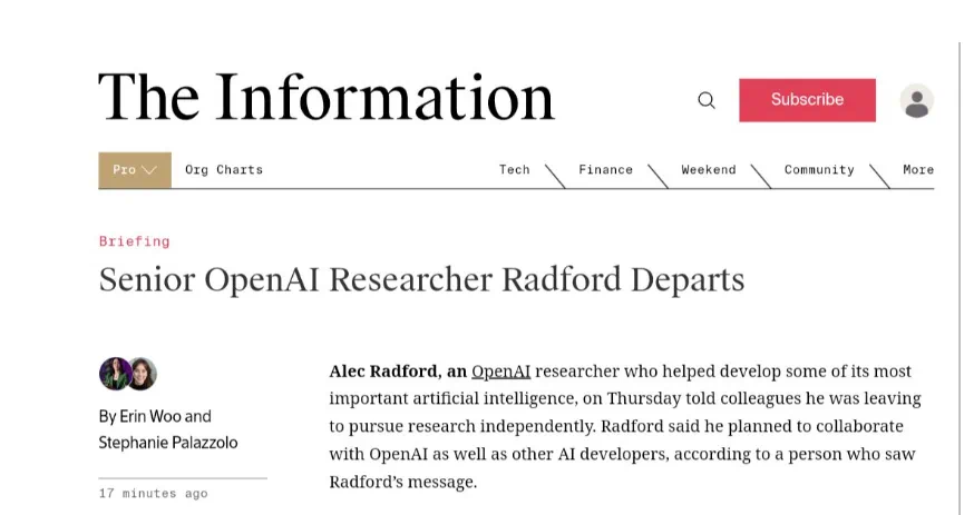 刚刚，OpenAI元老级研究员Alec Radford离职，他主导了GPT-1、GPT-2的研发-奥多也互动社区